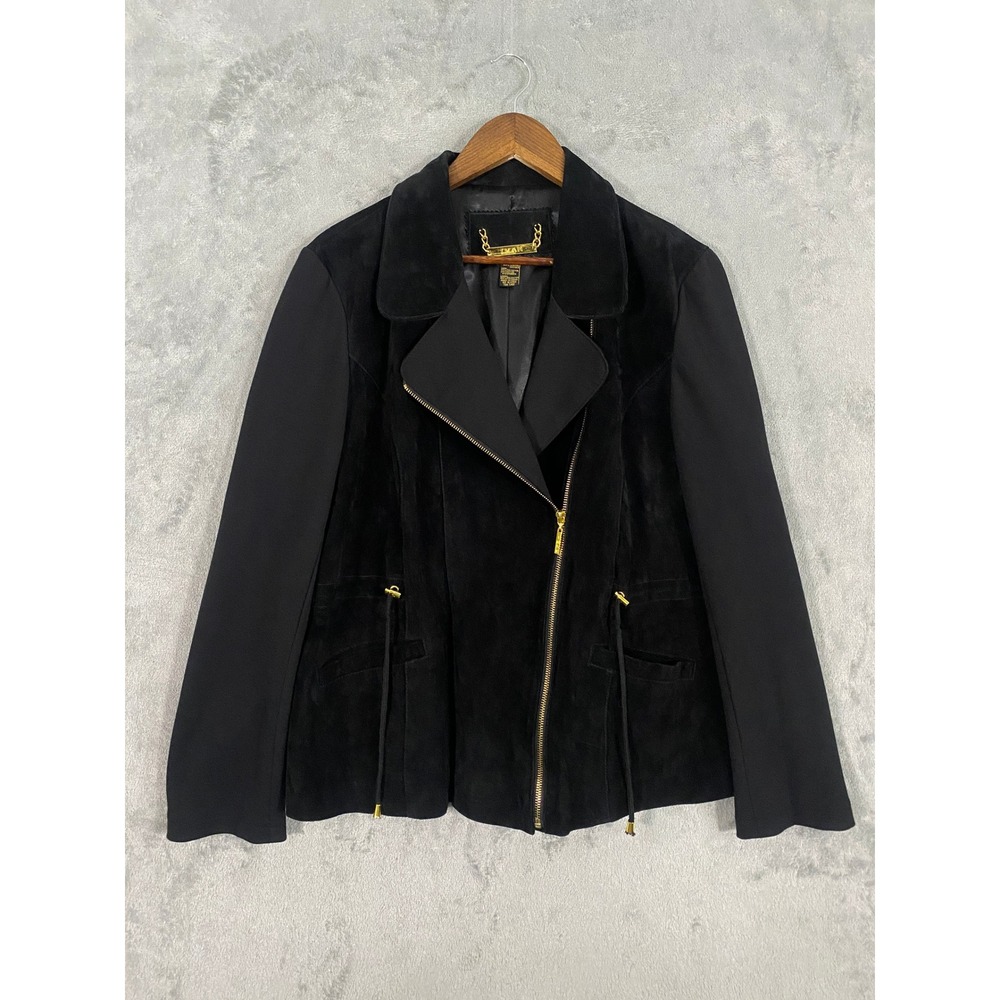 IMAN Suede Jacket XL Black Asymmetric Zip Moto Mixed Media Sophisticated Chic